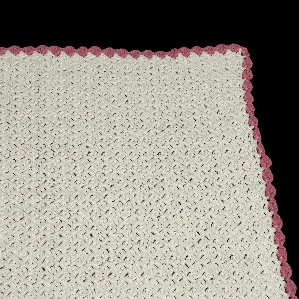 Handmade Crochet Baby Afghan Blanket Cream‎ Pink Scallop Edge 37x27